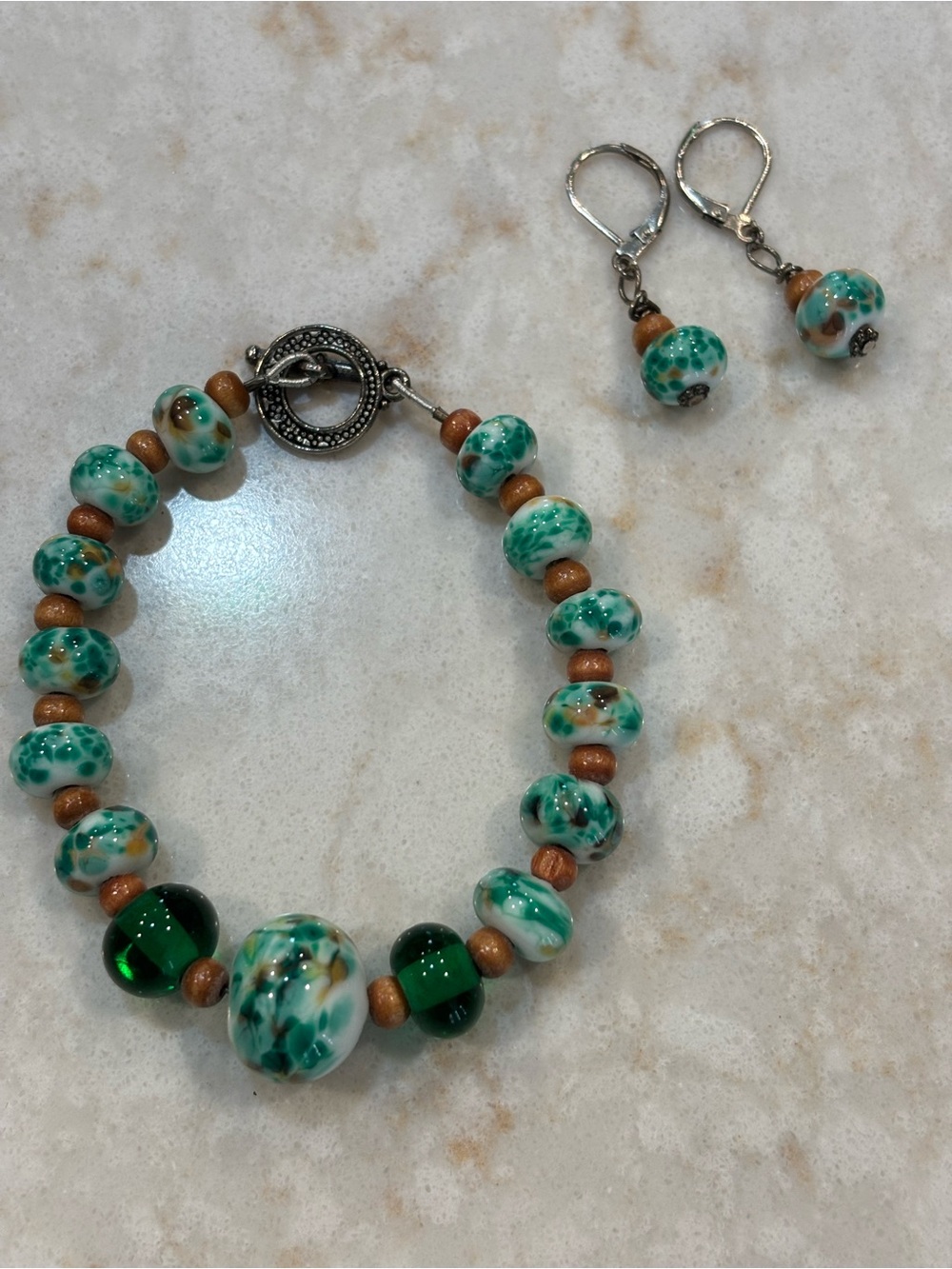 Handcrafted Green & White Glass Bead Bracelet with Matching Earrings